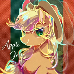 Size: 2048x2048 | Tagged: safe, artist:tkotu1, imported from derpibooru, applejack, earth pony, pony, applejack's hat, bust, chest fluff, cowboy hat, female, hat, high res, looking at you, mare, name, smiling, smiling at you, solo