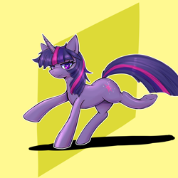 Size: 3000x3000 | Tagged: safe, artist:senx, imported from derpibooru, twilight sparkle, pony, unicorn, abstract background, female, mare, smiling, solo, unicorn twilight, yellow background