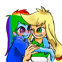 Size: 1200x1200 | Tagged: safe, artist:saigetu_illust, imported from derpibooru, applejack, rainbow dash, human, equestria girls, appledash, blushing, duo, female, hug, lesbian, old art, shipping, simple background, white background