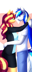 Size: 540x1204 | Tagged: safe, artist:scarlet-spectrum, imported from derpibooru, sunset shimmer, oc, oc:hawker hurricane, anthro, pegasus, unicorn, breasts, canon x oc, female, horn, hug, looking at each other, looking at someone, male, wings