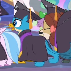 Size: 742x752 | Tagged: safe, imported from derpibooru, screencap, gallus, princess celestia, silverstream, spike, yona, alicorn, dragon, griffon, hippogriff, yak, school raze, season 8, spoiler:s08, female, graduation, male