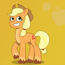 Size: 1200x1200 | Tagged: safe, artist:prixy05, imported from derpibooru, applejack, earth pony, pony, g4, g4 to g5, g5, generation leap, grin, my little pony: tell your tale, orange background, simple background, smiling, solo, why