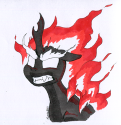 Size: 1238x1280 | Tagged: safe, artist:darkhestur, imported from derpibooru, oc, oc only, kirin, nirik, angry, fangs, fire, marker drawing, simple background, solo, traditional art