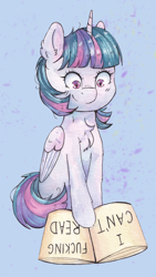 Size: 3416x6072 | Tagged: safe, artist:lightisanasshole, imported from derpibooru, twilight sparkle, alicorn, pony, read it and weep, abstract background, book, bookhorse, chest fluff, cute, ear fluff, looking down, solo, swearing, traditional art, twiabetes, twilight sparkle (alicorn), vulgar, watercolor painting