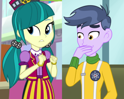 Size: 1350x1080 | Tagged: safe, artist:morbidmist, edit, edited screencap, imported from derpibooru, screencap, juniper montage, microchips, human, equestria girls, mirror magic, spoiler:eqg specials, clothes, cropped, female, glasses off, male, microjuniper, shipping, shipping domino, straight, suspenders, sweater, uniform