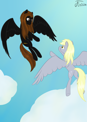 Size: 2999x4200 | Tagged: safe, artist:finirim, imported from derpibooru, derpy hooves, oc, oc:wolfwood gloom, pegasus, pony, cloud, duo, female, flying, male, mare, pegasus oc, shipping, sky, smiling