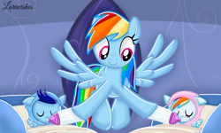 Size: 1200x720 | Tagged: safe, artist:mlplary6, imported from derpibooru, rainbow dash, oc, oc:blue skies, oc:speedy dash, pegasus, pony, baby, baby pony, bottle, colt, cradle, eyes closed, feeding, female, filly, flying, foal, male, mare, momma dash, mother and child, mother and daughter, mother and son, offspring, parent:rainbow dash, parent:soarin', parents:soarindash, siblings, smiling, twins