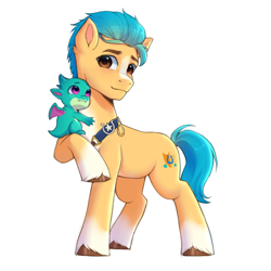 Size: 2048x2048 | Tagged: safe, artist:xiaowu07, imported from derpibooru, hitch trailblazer, dragon, earth pony, pony, baby, baby dragon, duo, father and child, father and son, g5, male, papa hitch, simple background, sparky sparkeroni, stallion, white background
