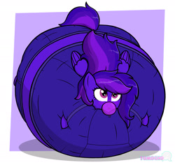 Size: 1800x1700 | Tagged: safe, artist:tomocho, imported from derpibooru, oc, oc only, oc:emilia starsong, pegasus, pony, abstract background, belly, belly bed, blueberry inflation, blushing, bubblegum, charlie and the chocolate factory, clothes, food, gum, impossibly large belly, inflation, passepartout, pegasus oc, roald dahl, spherical inflation, tracksuit, violet beauregarde