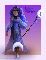 Size: 1970x2550 | Tagged: safe, artist:aegisaplomb, imported from derpibooru, princess luna, human, clothes, dress, female, high res, humanized, passepartout, solo, staff