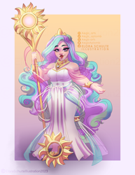 Size: 1970x2550 | Tagged: safe, artist:aegisaplomb, imported from derpibooru, princess celestia, human, clothes, dress, female, high res, humanized, passepartout, solo, staff