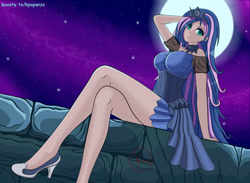 Size: 1280x937 | Tagged: safe, artist:kpapwiss, imported from derpibooru, kotobukiya, princess luna, human, breasts, clothes, crown, dress, female, humanized, jewelry, kotobukiya princess luna, legs, light skin, looking at you, moon, regalia, shoes, simple background, smiling, solo