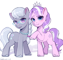 Size: 2048x1958 | Tagged: safe, artist:xiaowu07, imported from derpibooru, diamond tiara, silver spoon, earth pony, pony, adorabullies, braid, braided ponytail, cute, duo, female, filly, foal, glasses, jewelry, looking at you, necklace, ponytail, raised hoof, simple background, tiara, unshorn fetlocks, white background