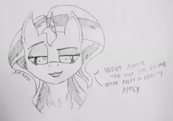 Size: 2297x1604 | Tagged: safe, artist:just rusya, imported from derpibooru, sunset shimmer, unicorn, bust, eyebrows, fangs, lidded eyes, looking at you, looking down, looking down at you, offscreen character, open mouth, pencil drawing, portrait, pov, raised eyebrow, smiling, smirk, solo, traditional art