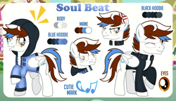 Size: 1200x689 | Tagged: safe, artist:jennieoo, imported from derpibooru, oc, oc:soul beat, pegasus, pony, angry, clothes, cutie mark, glasses, hoodie, jacket, leather, leather jacket, looking at you, one eye closed, pegasus oc, reference, reference sheet, shocked, show accurate, simple background, smiling, smiling at you, solo, vector, wink