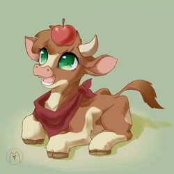 Size: 2000x2000 | Tagged: safe, artist:malt cat, imported from derpibooru, cow, them's fightin' herds, apple, arizona (tfh), arizonadorable, cloven hooves, community related, cute, female, food, green background, looking up, lying down, neckerchief, open mouth, prone, simple background, solo