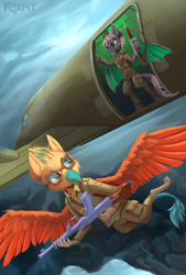 Size: 3090x4582 | Tagged: safe, artist:foxpit, imported from derpibooru, oc, oc only, oc:maverick shadowclaw, bat pony, griffon, bat pony oc, clothes, flying, griffon oc, gun, plane, weapon, wings