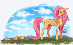 Size: 2600x1600 | Tagged: safe, artist:yuyusunshine, imported from derpibooru, fluttershy, bird, duck, pegasus, pony, animal, duckling, female, fluttermom, long legs, looking back, mare, solo