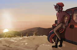 Size: 1678x1080 | Tagged: safe, artist:triplesevens, imported from derpibooru, oc, oc only, oc:hazey, anthro, unicorn, car, male, smoke, smoking, solo, sunset