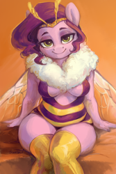 Size: 2000x3000 | Tagged: safe, artist:jewellier, imported from derpibooru, pipp petals, anthro, bee, bee pony, hybrid, original species, absolute cleavage, adorapipp, bedroom eyes, bodysuit, boob window, breasts, bumblebee, bumblebipp, chubby, cleavage, clothes, cute, female, fur collar, g5, high res, insect wings, looking at you, mare, pear shaped, pipp is chubby, reasonably sized breasts, relaxed, sexy, simple background, sitting, smiling, smiling at you, socks, solo, species swap, stupid sexy pipp petals, thigh highs, thighs, this will end in pollination, underboob, wide hips, wings