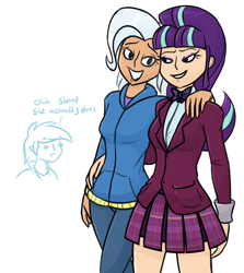 Size: 1258x1410 | Tagged: safe, artist:moonatik, imported from derpibooru, rainbow dash, starlight glimmer, trixie, human, equestria girls, bowtie, clothes, colored sketch, crystal prep academy uniform, dialogue, eyeshadow, female, hoodie, human coloration, humanized, lesbian, looking at each other, looking at someone, makeup, pants, s5 starlight, school uniform, shipping, shirt, simple background, skirt, startrix, white background