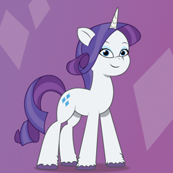 Size: 1200x1200 | Tagged: safe, artist:prixy05, imported from derpibooru, rarity, pony, unicorn, g4, g4 to g5, g5, generation leap, my little pony: tell your tale, purple background, simple background, smiling, solo