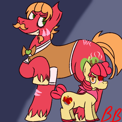 Size: 600x600 | Tagged: safe, artist:bl3achboi, imported from derpibooru, apple bloom, big macintosh, earth pony, pony, alternate cutie mark, alternate hairstyle, eyepatch, facial hair, female, filly, foal, grin, mare, moustache, raised hoof, smiling, unshorn fetlocks