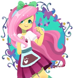 Size: 704x747 | Tagged: safe, artist:efuji_d, imported from derpibooru, fluttershy, butterfly, human, equestria girls, apron, blushing, bow, clothes, cute, female, hair bow, looking at you, shyabetes, signature, simple background, skirt, smiling, smiling at you, solo, white background