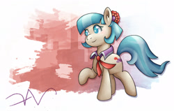 Size: 2200x1400 | Tagged: safe, artist:swasdoodles, artist:swasfews, imported from derpibooru, coco pommel, earth pony, flower, flower in hair, hairband, looking at something, necktie, raised hoof, simple background, solo, standing, white background