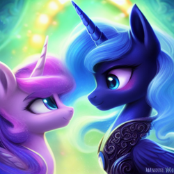 Size: 1024x1024 | Tagged: safe, imported from derpibooru, princess flurry heart, princess luna, alicorn, pony, ai content, ai generated, blushing, duo, female, generator:stable diffusion, looking at each other, looking at someone, mare, older, older flurry heart, smiling, smiling at each other