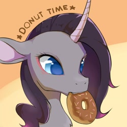 Size: 2000x2000 | Tagged: safe, artist:malt cat, imported from derpibooru, unicorn, them's fightin' herds, bust, chest fluff, community related, curved horn, cute, donut, female, food, horn, mouth hold, oleander (tfh), simple background, solo