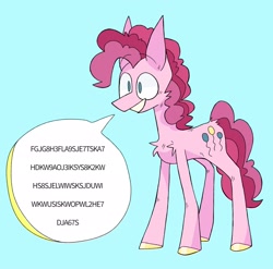 Size: 2048x2023 | Tagged: safe, artist:volchok, imported from derpibooru, pinkie pie, earth pony, pony, blue background, dialogue, female, gibberish, mare, simple background, smiling, solo, speech bubble