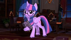 Size: 3840x2160 | Tagged: safe, artist:owlpirate, imported from derpibooru, twilight sparkle, alicorn, pony, 3d, 4k, book, bookhorse, female, genshin impact, glasses, high res, hoof hold, mare, round glasses, smiling, solo, source filmmaker, twilight sparkle (alicorn), unshorn fetlocks