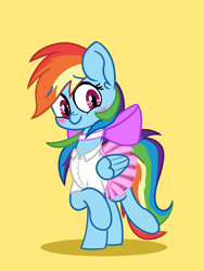 Size: 1500x2000 | Tagged: safe, artist:fakkajohan, imported from derpibooru, rainbow dash, pegasus, pony, blushing, bow, clothes, cute, female, rainbow dash always dresses in style, shirt, simple background, skirt, smiling, solo, yellow background