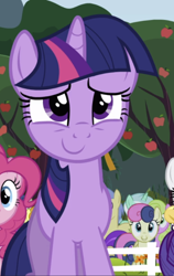 Size: 502x796 | Tagged: safe, imported from derpibooru, screencap, bon bon, pinkie pie, sweetie drops, twilight sparkle, pony, unicorn, the super speedy cider squeezy 6000, apple, apple tree, background character, cropped, cute, offscreen character, smiling, solo focus, tree, twiabetes, unicorn twilight