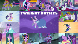 Size: 1280x720 | Tagged: safe, editor:quoterific, imported from derpibooru, berry punch, berryshine, clover the clever, fine line, lyra heartstrings, lyrica lilac, masked matter-horn, maxie, perfect pace, rarity, spike, twilight sparkle, alicorn, dragon, earth pony, pony, unicorn, a canterlot wedding, a royal problem, canterlot boutique, hearth's warming eve (episode), luna eclipsed, magical mystery cure, power ponies (episode), princess twilight sparkle (episode), scare master, school daze, suited for success, the last problem, winter wrap up, armor, athena sparkle, ballerina, big crown thingy, clothes, coronation dress, costume, dress, element of magic, female, folded wings, gala dress, jester dress, jewelry, magic, mare, microphone, power ponies, princess dress, regalia, scarf, scepter, second coronation dress, spread wings, star swirl the bearded costume, striped scarf, tutu, twilarina, twilight scepter, twilight sparkle (alicorn), unicorn twilight, wings