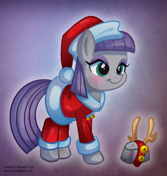 Size: 781x825 | Tagged: safe, artist:marybellamy, imported from derpibooru, maud pie, pony, antlers, boulder, boulder (g4), christmas, clothes, commission, costume, g4, hat, holiday, jingle bells, patreon, reindeer antlers, request, santa costume, santa hat, smiling, when she smiles, zorilita