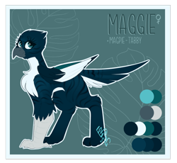 Size: 2700x2489 | Tagged: safe, artist:ezzerie, imported from derpibooru, oc, oc only, oc:maggie, bird, griffon, magpie, griffon oc, reference sheet, solo, tabby cat