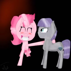 Size: 761x765 | Tagged: safe, artist:deadsmoke, derpibooru exclusive, imported from derpibooru, maud pie, pinkie pie, earth pony, pony, black background, cute, duo, female, gray, happy, pies, pink, rock, selfie, siblings, simple background, sisters, smiling