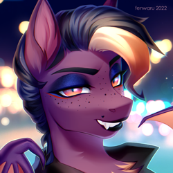 Size: 2000x2000 | Tagged: safe, artist:fenwaru, imported from derpibooru, oc, oc only, oc:bea, bat pony, pony, bat pony oc, clothes, eyeshad, fangs, grin, jacket, looking at you, sexy, slit pupils, smiling, solo, wings