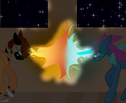 Size: 570x467 | Tagged: safe, artist:harmonicdreemur1308, imported from derpibooru, oc, oc only, pony, unicorn, duo, glowing, glowing horn, horn, indoors, unicorn oc