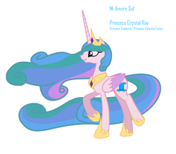 Size: 2873x2513 | Tagged: safe, artist:harmonicdreemur1308, imported from derpibooru, princess cadance, princess celestia, pony, grin, hoof shoes, jewelry, peytral, raised hoof, simple background, smiling, solo, tiara, white background