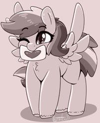 Size: 726x897 | Tagged: safe, artist:llametsul, imported from derpibooru, rainbow dash, pegasus, pony, cute, dashabetes, female, mare, monochrome, mouth hold, one eye closed, simple background, solo, spread wings, wings