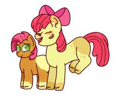 Size: 1024x847 | Tagged: safe, artist:bellalovesans04, imported from derpibooru, apple bloom, babs seed, earth pony, pony, cousins, eyes closed, female, filly, foal, simple background, white background