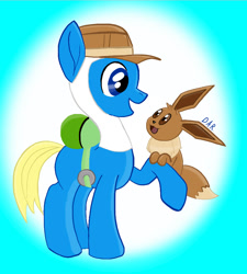 Size: 750x832 | Tagged: safe, artist:gracefulart693, imported from derpibooru, oc, oc:finn the pony, earth pony, eevee, pony, abstract background, adventure time, backpack, duo, hat, pokémon, raised hoof