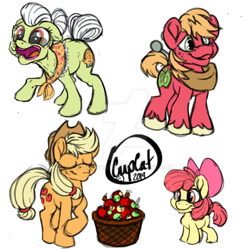 Size: 900x900 | Tagged: safe, artist:xcupcatx, imported from derpibooru, apple bloom, applejack, big macintosh, granny smith, earth pony, pony, apple, bucket, deviantart watermark, female, filly, foal, food, male, mare, obtrusive watermark, simple background, stallion, watermark, white background