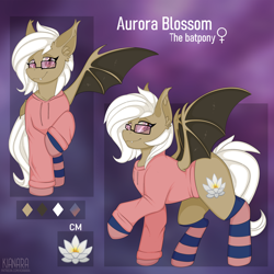 Size: 3000x3000 | Tagged: safe, artist:kianara, imported from derpibooru, oc, oc only, oc:aurora blossom, bat pony, pony, bat pony oc, clothes, female, glasses, hoodie, looking at you, mare, raised hoof, reference sheet, slit eyes, socks, solo, spread wings, striped socks