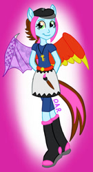 Size: 537x998 | Tagged: safe, artist:gracefulart693, imported from derpibooru, equestria girls, abstract background, boots, clothes, equestria girls-ified, female, hat, jewelry, necklace, shoes, skirt, smiling, solo, wings