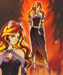 Size: 1732x2050 | Tagged: safe, artist:tatsuk01, artist:tatsuk0arts, imported from derpibooru, sunset shimmer, human, clothes, dress, eared humanization, female, fire, humanized, solo