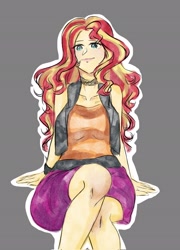 Size: 1471x2048 | Tagged: safe, artist:tatsuk01, artist:tatsuk0arts, imported from derpibooru, sunset shimmer, human, anime, clothes, crossed legs, female, gray background, knees, legs, outline, shirt, shoes, simple background, skirt, solo, white outline
